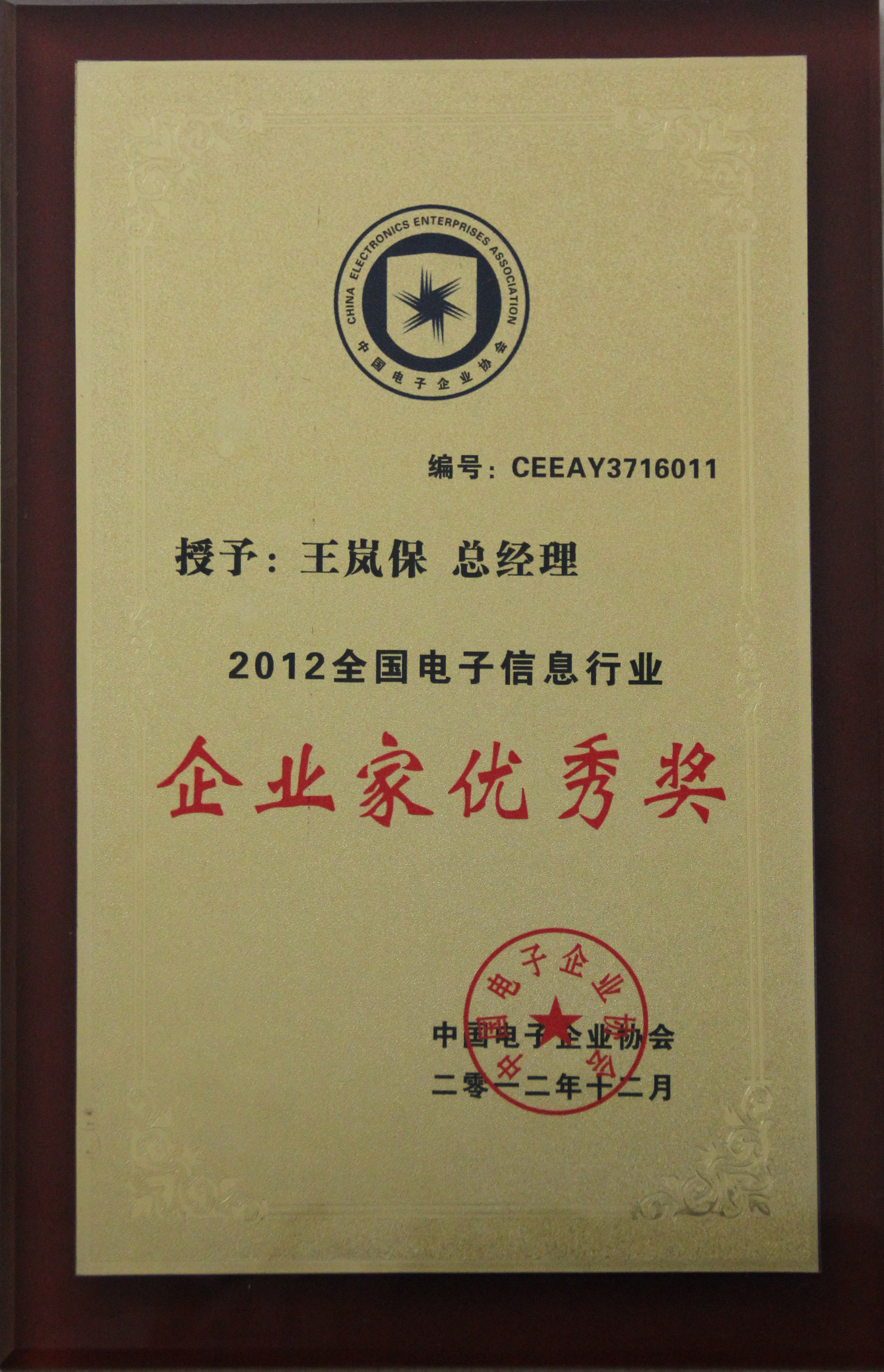 主題：全國電子信息行業企業家優秀獎 日期：2013-07-05